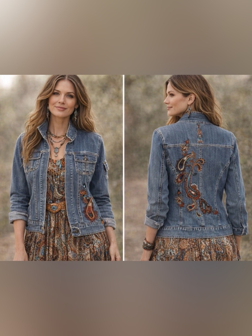 Chico's Embroidered Denim Jacket in Blue with Brown & Rust Accents